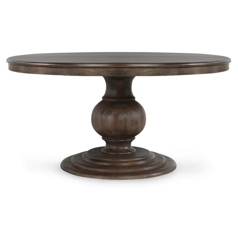 A dark-stained round wooden dining table featuring a prominent, intricately turned pedestal base. Th… — 3D model