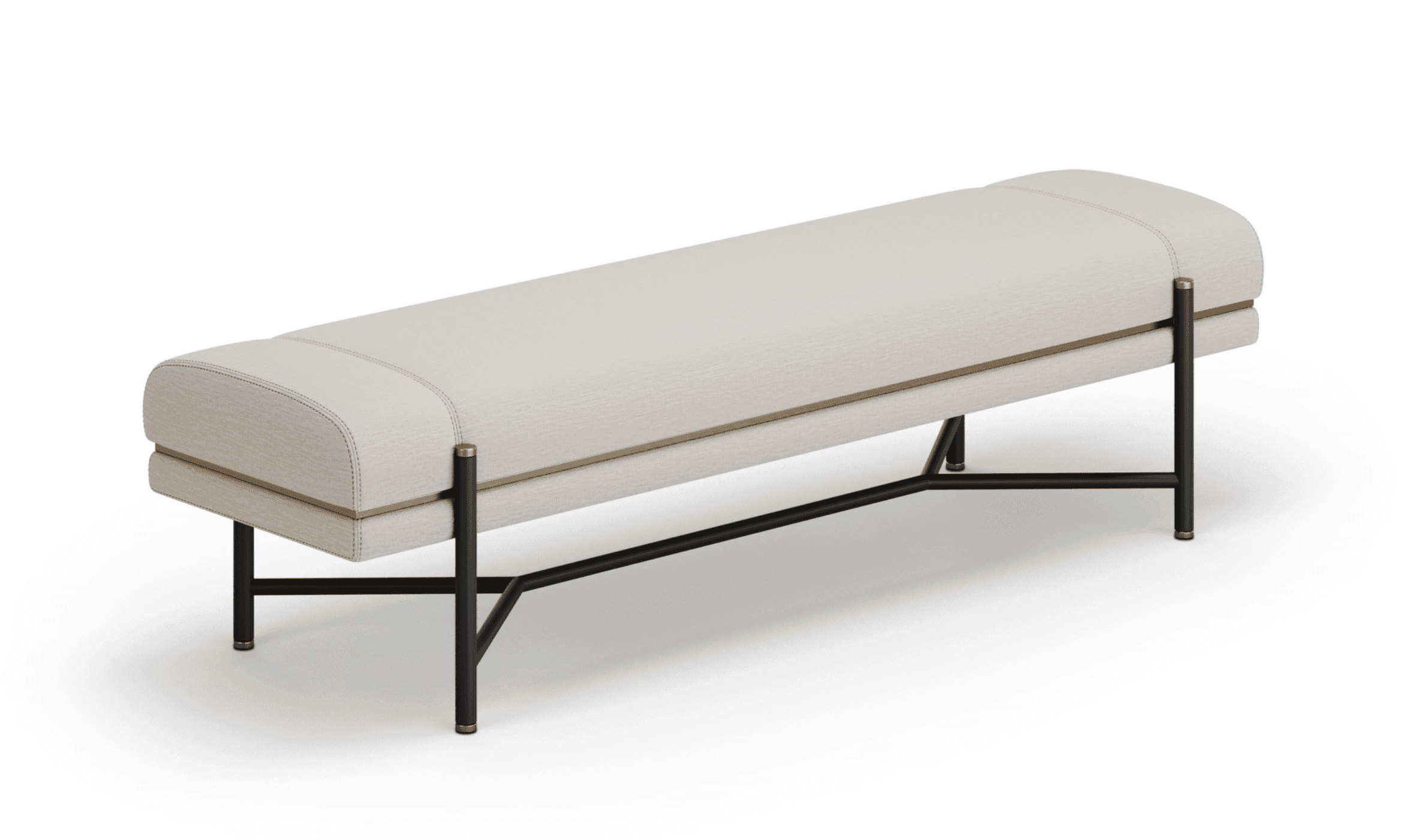 A contemporary upholstered bench featuring a light beige fabric cushion with a subtle texture. The b… — 3D model