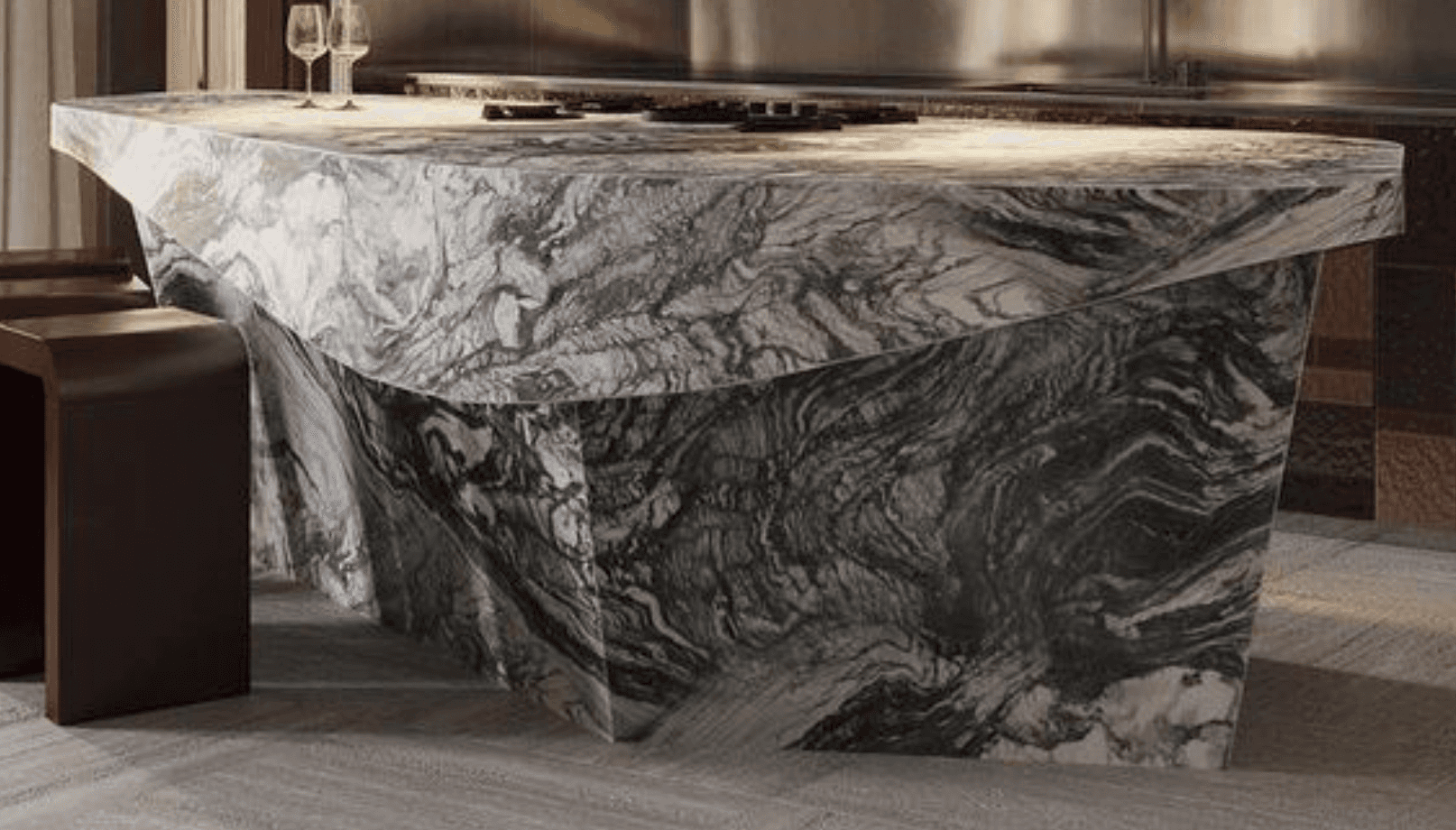 A long, contemporary reception desk crafted entirely from highly veined marble, featuring an irregul… — 3D model