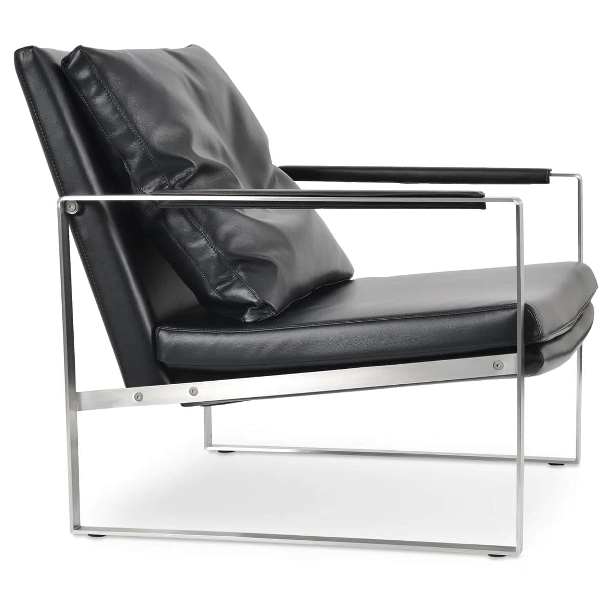 A contemporary lounge chair featuring a minimalist open-cube frame constructed from polished or brus… — 3D model