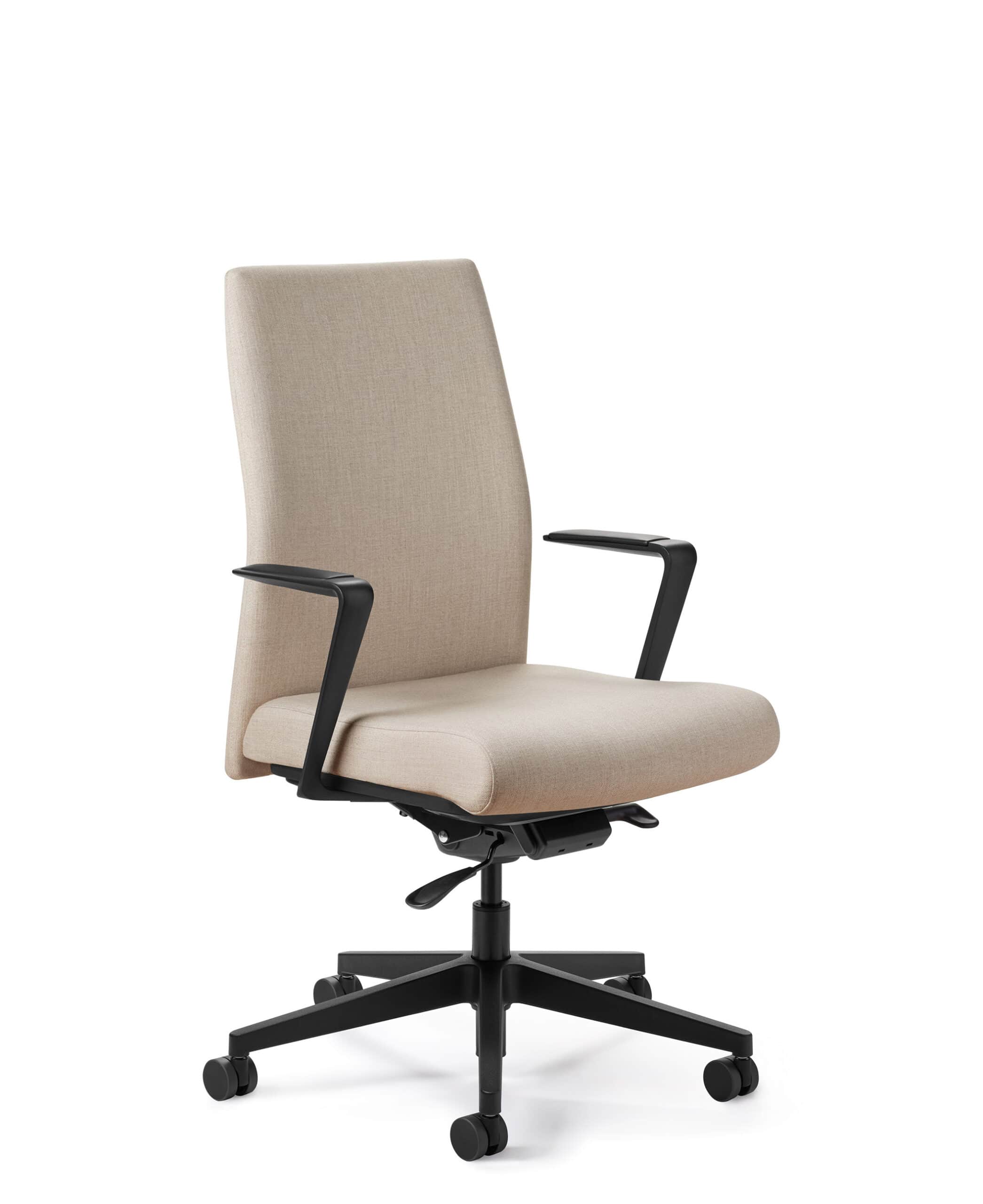 A contemporary office chair featuring beige/taupe fabric upholstery on a high backrest and a cushion… — 3D model