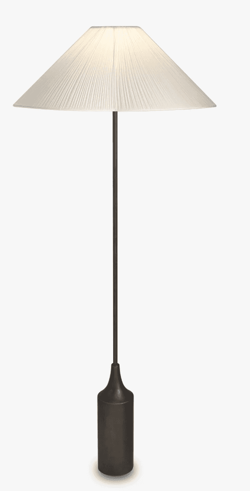 A floor lamp with a pleated, conical lampshade and a dark, cylindrical base. The lamp has a slender… — 3D model