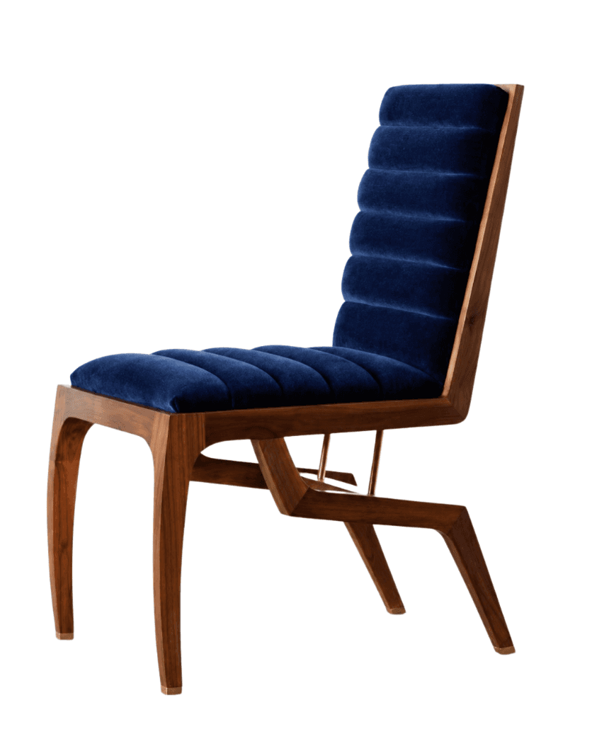 A low-profile accent chair with a wooden frame and a deep blue upholstered seat and backrest. The up… — 3D model