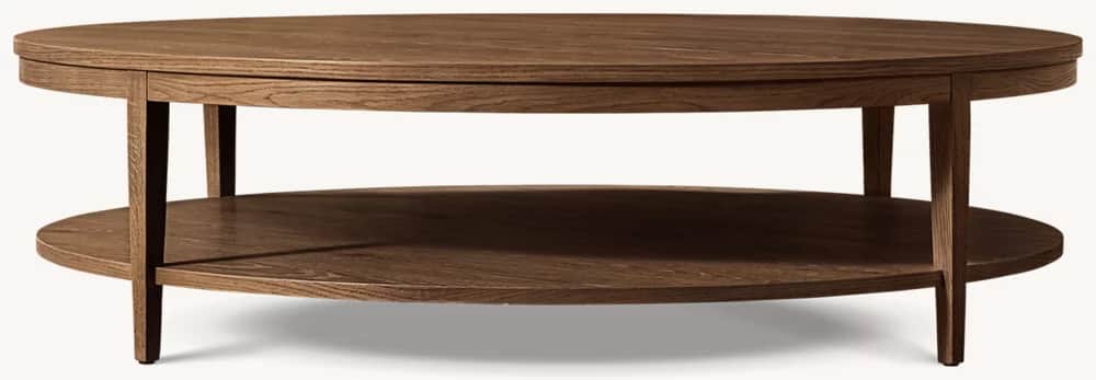 An oval coffee table with a lower shelf. The table features a rounded edge on the top surface and st… — 3D model