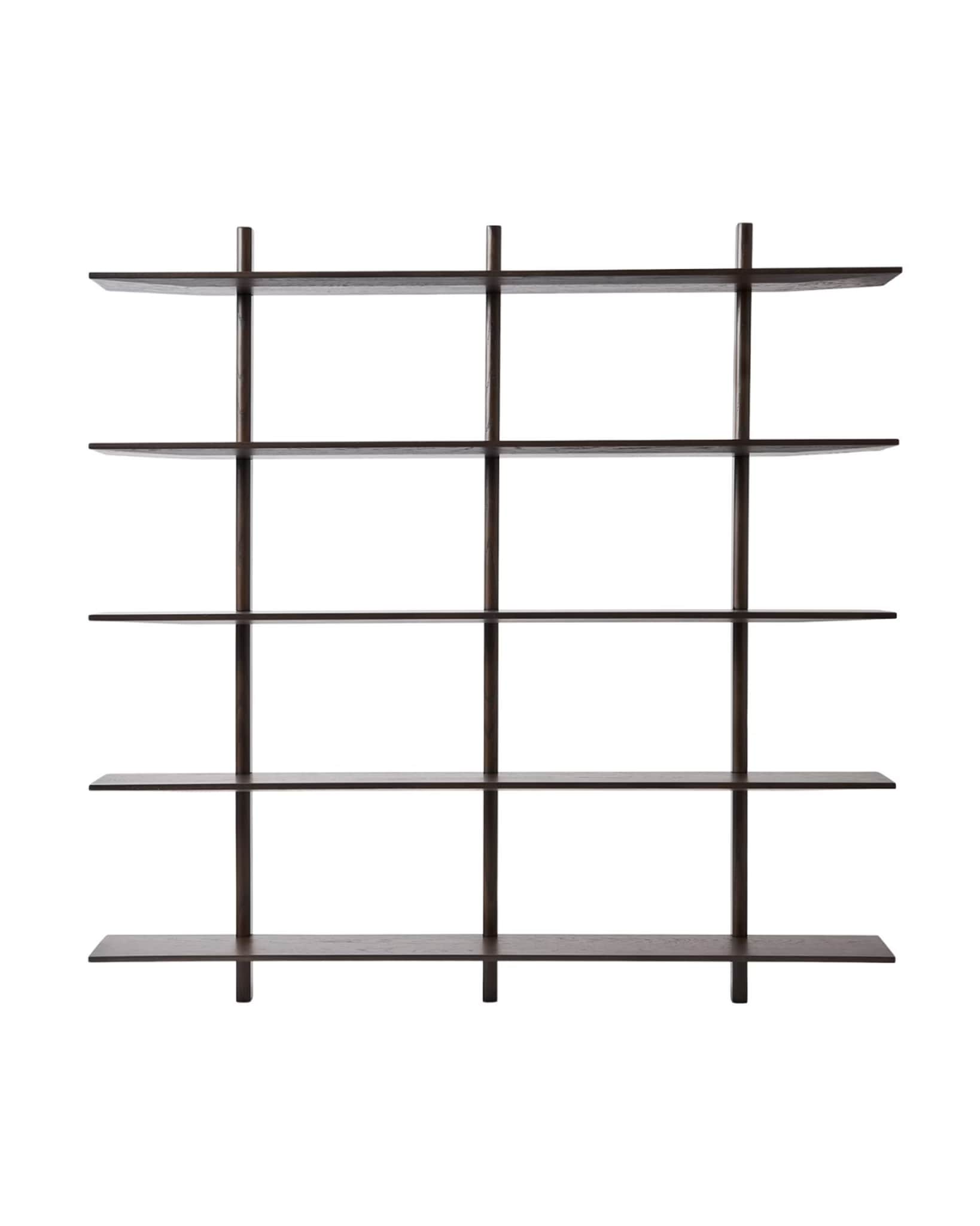 A modern, minimalist wall-mounted shelving unit featuring multiple horizontal dark wood shelves inte… — 3D model