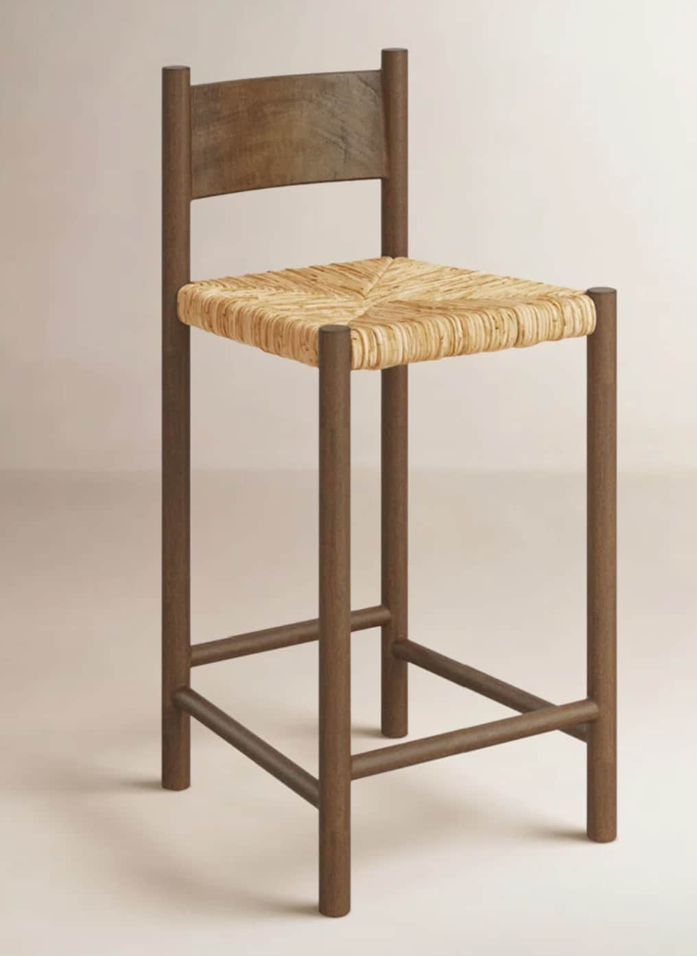 A tall wooden bar stool featuring a rectangular wooden backrest and a square seat woven from natural… — 3D model