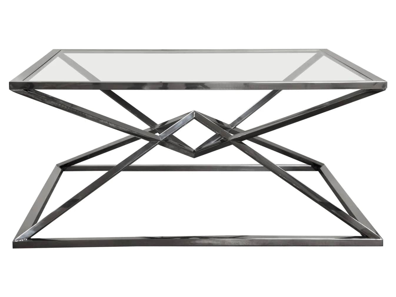 A contemporary square coffee table featuring a clear glass top supported by a sculptural dark gray m… — 3D model