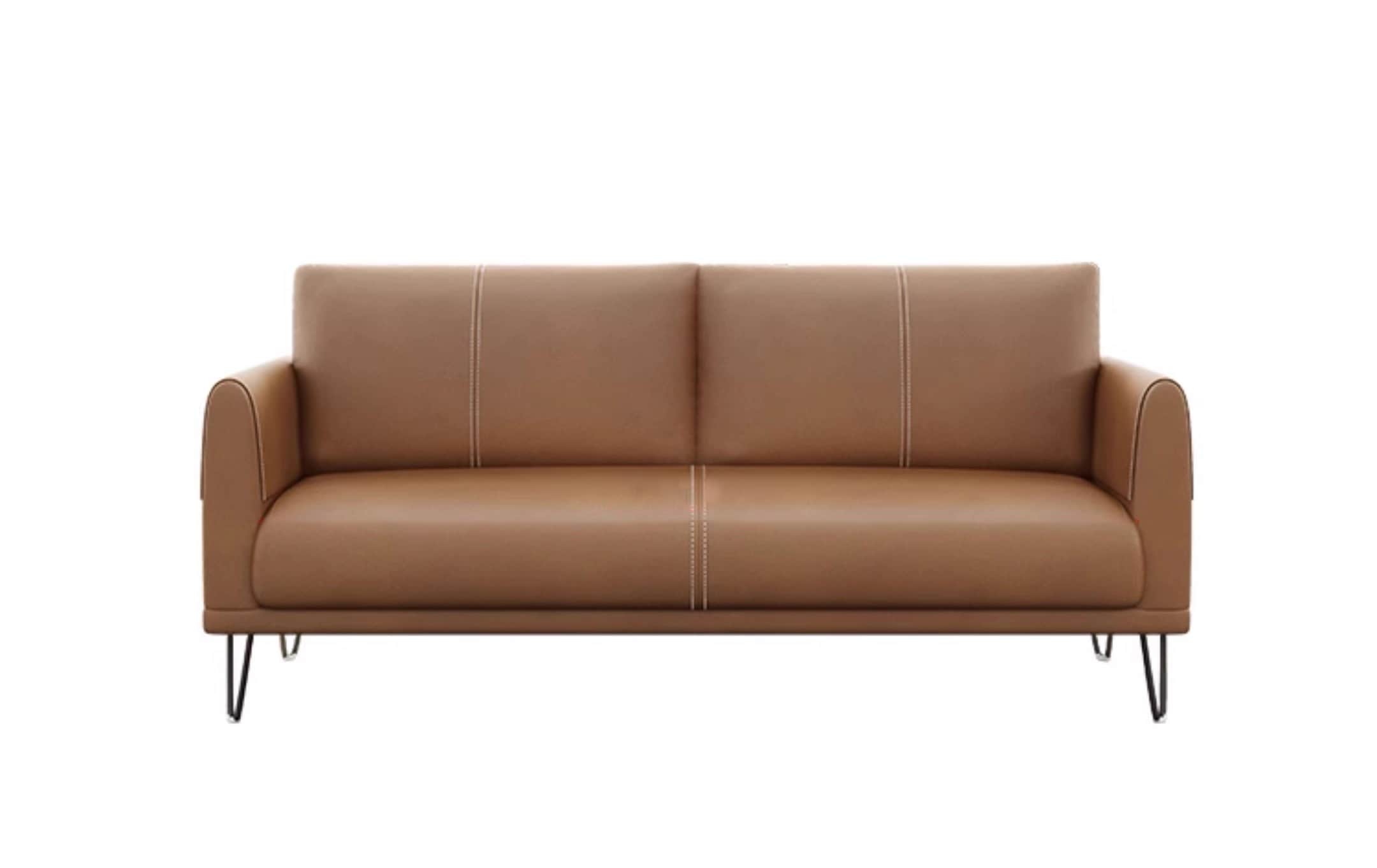 A contemporary two-seater sofa, also known as a loveseat, upholstered in tan-colored leather with vi… — 3D model