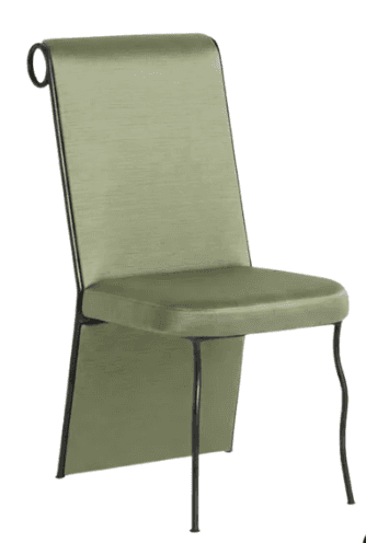 A contemporary side chair with an Art Deco aesthetic, featuring a dark metal frame and light green u… — 3D model