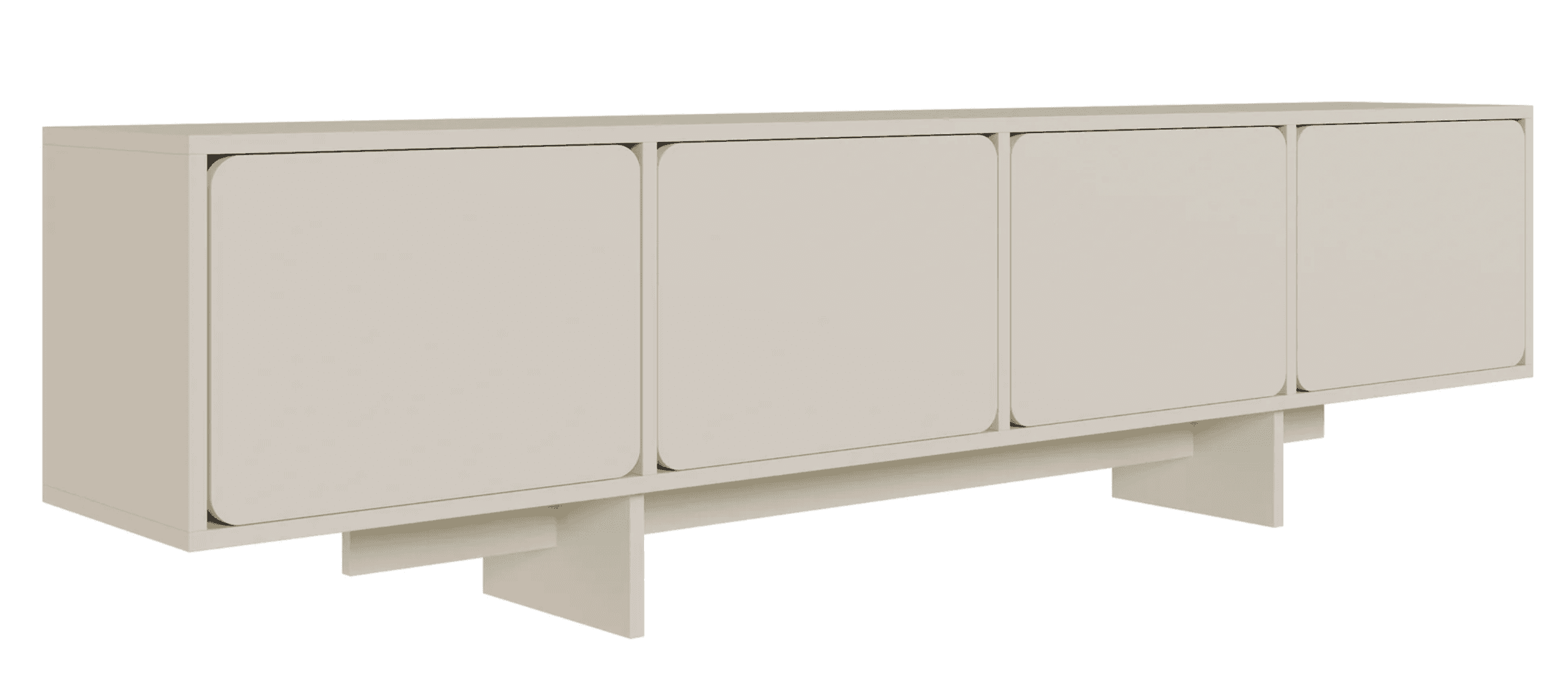 A modern, minimalist four-door sideboard with a matte greige finish and softly rounded door corners.… — 3D model