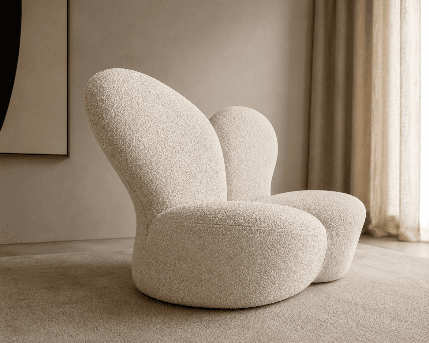 A sculptural, low-profile lounge chair upholstered in cream-colored bouclé fabric. The chair feature… — 3D model