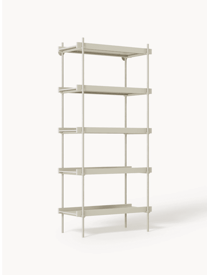 A tall, slender, light greige modular shelving unit featuring five open shelves supported by a minim… — 3D model