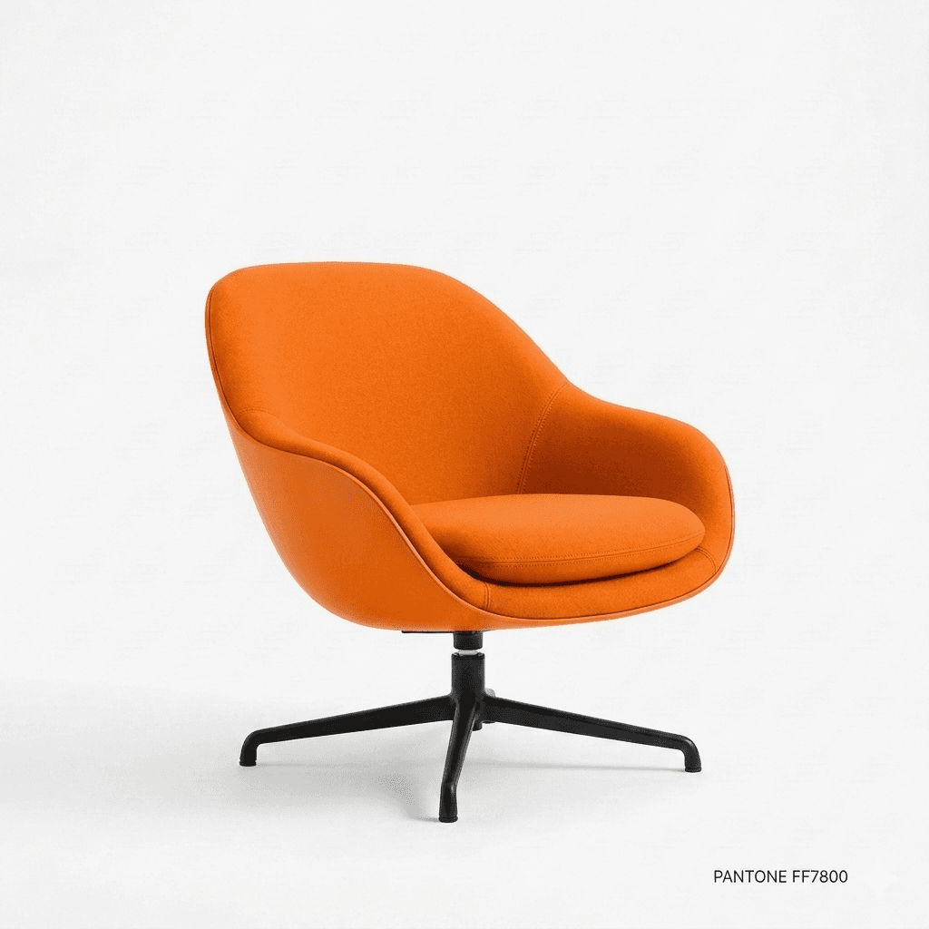 An orange upholstered armchair with a swivel base. The chair features a rounded shell design with in… — 3D model