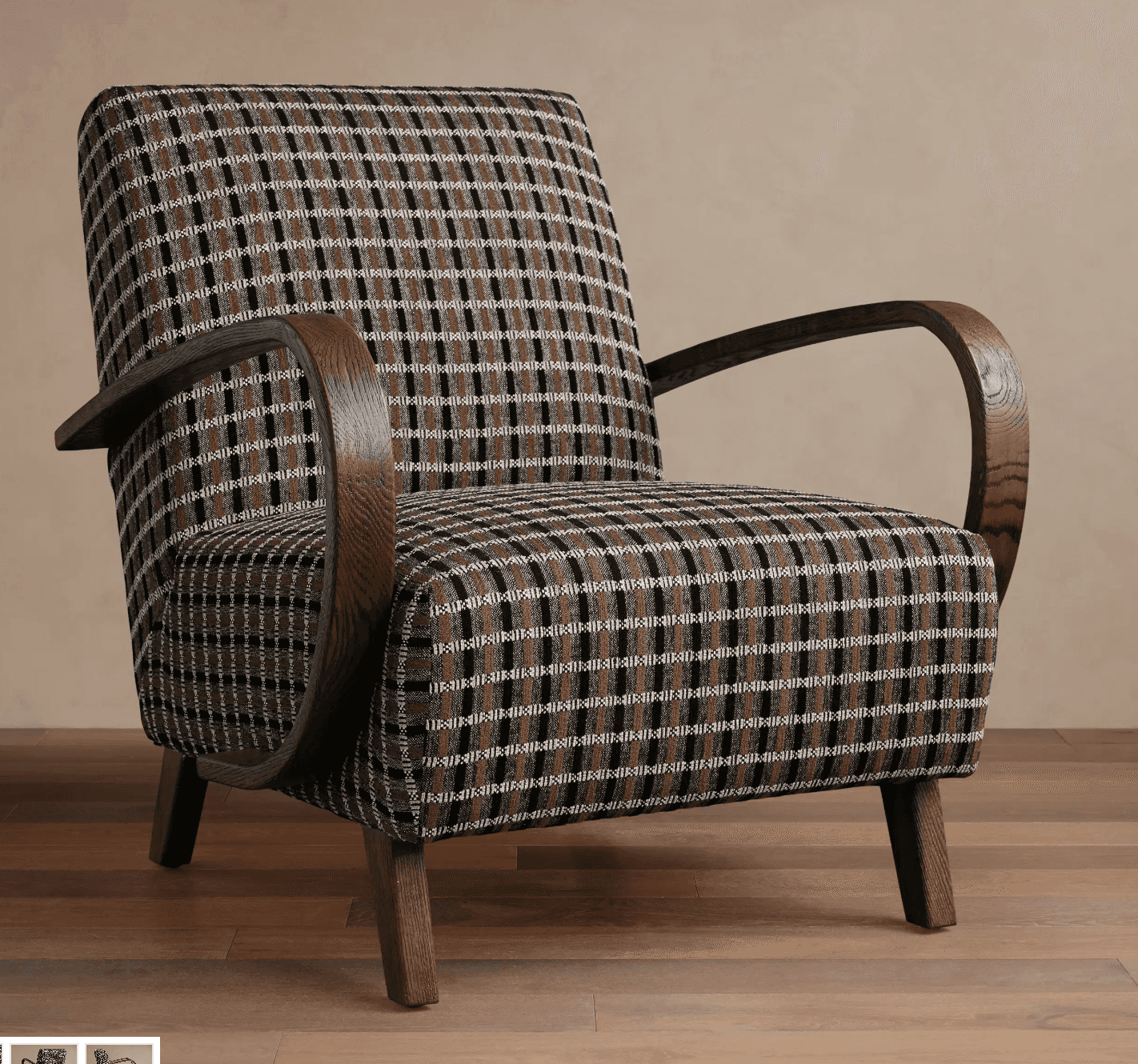 An upholstered armchair featuring a distinctive plaid pattern in dark brown, black, and cream, set a… — 3D model