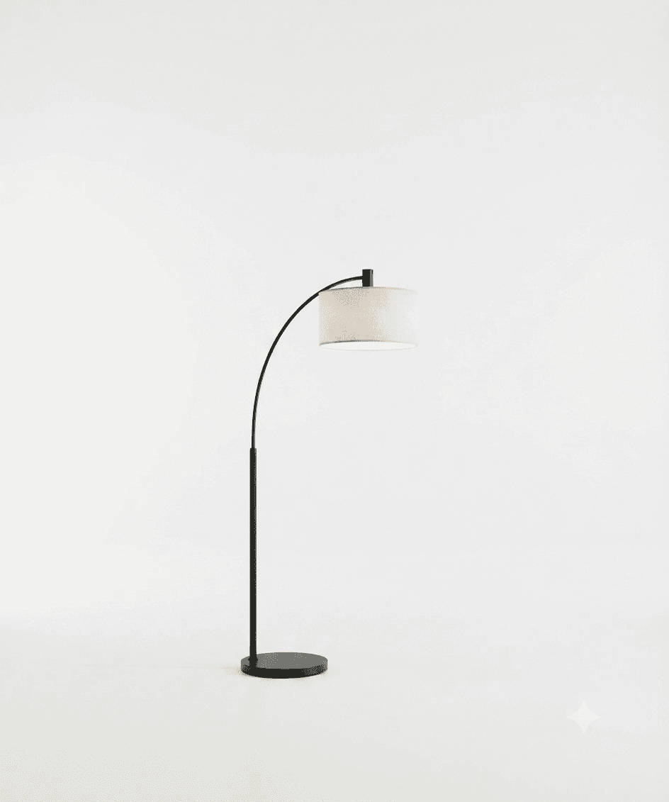 A modern arc floor lamp featuring a slender, curved black metal arm extending from a circular base,… — 3D model