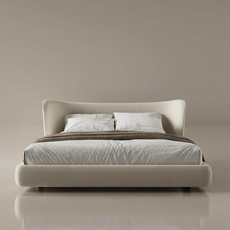 A contemporary upholstered platform bed featuring a low-profile frame and an integrated, gently curv… — free STL 3D model