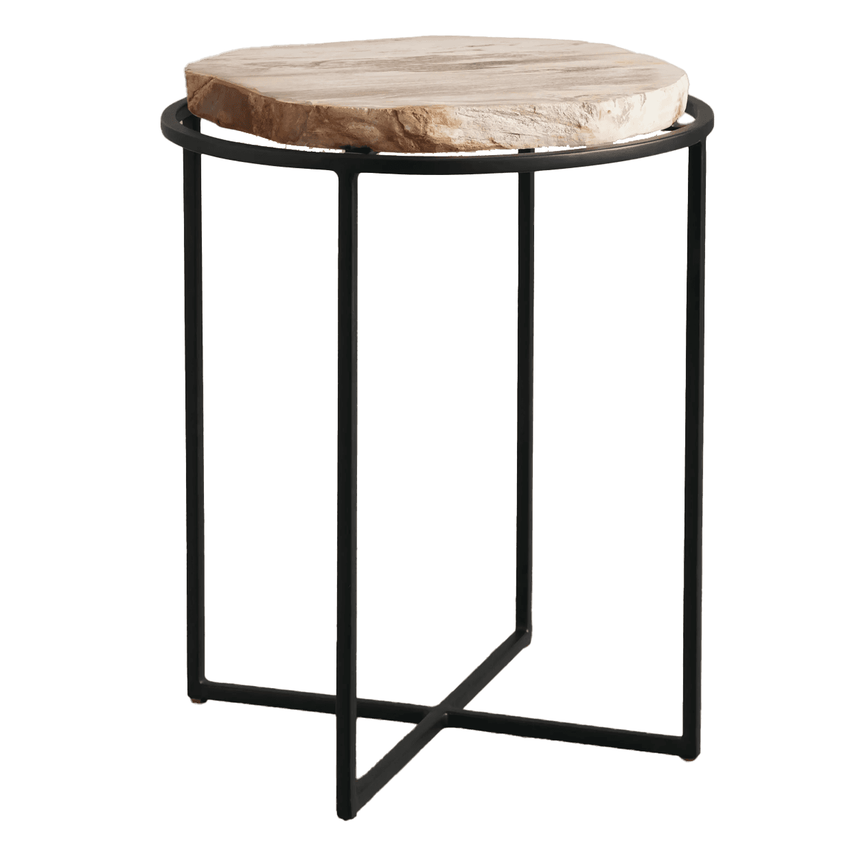 A circular side table featuring a natural wood slice top with visible grain and organic edge detail,… — 3D model