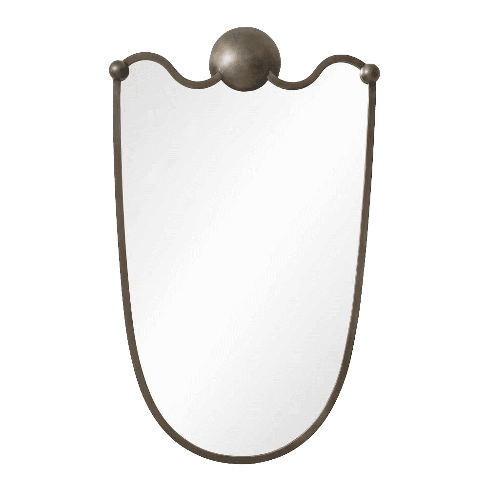 A decorative wall mirror with a metallic frame. The frame has a curved top with a central spherical… — 3D model