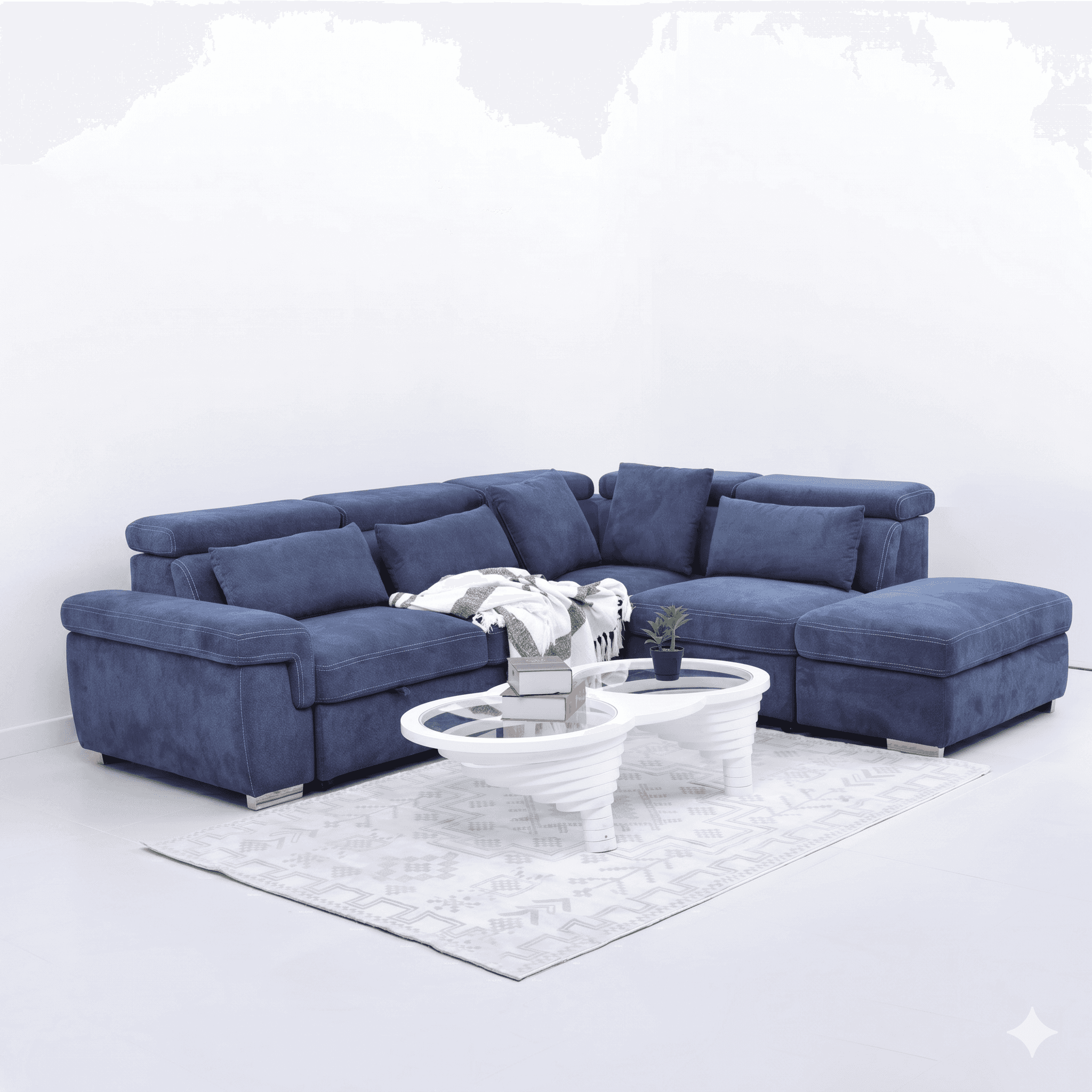 A deep blue fabric sectional sofa with plush cushions and contrasting white stitching. The configura… — 3D model