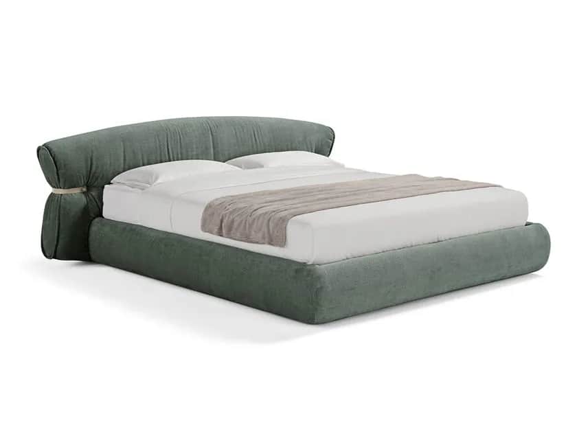A contemporary upholstered bed frame with a generously padded, curved headboard. The headboard featu… — 3D model