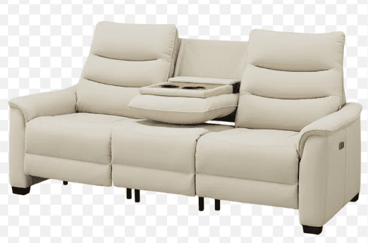 A cream-colored three-seater power reclining sofa with a drop-down console table in the center. The… — 3D model