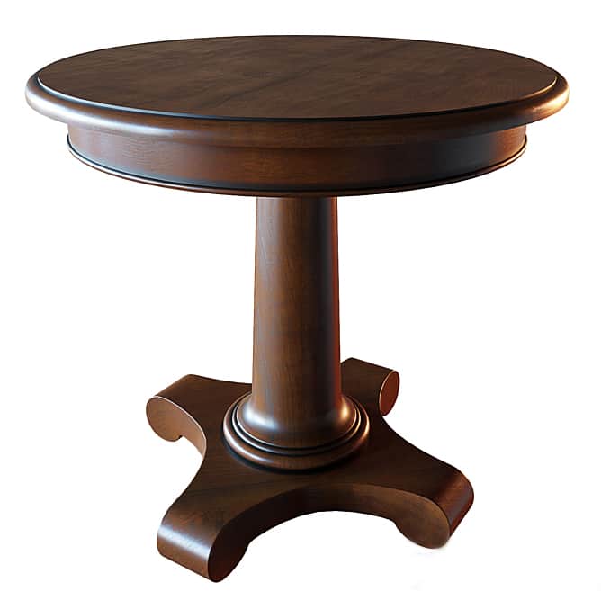 A dark brown, round wooden table featuring a central pedestal base with four elegantly scrolled feet… — 3D model