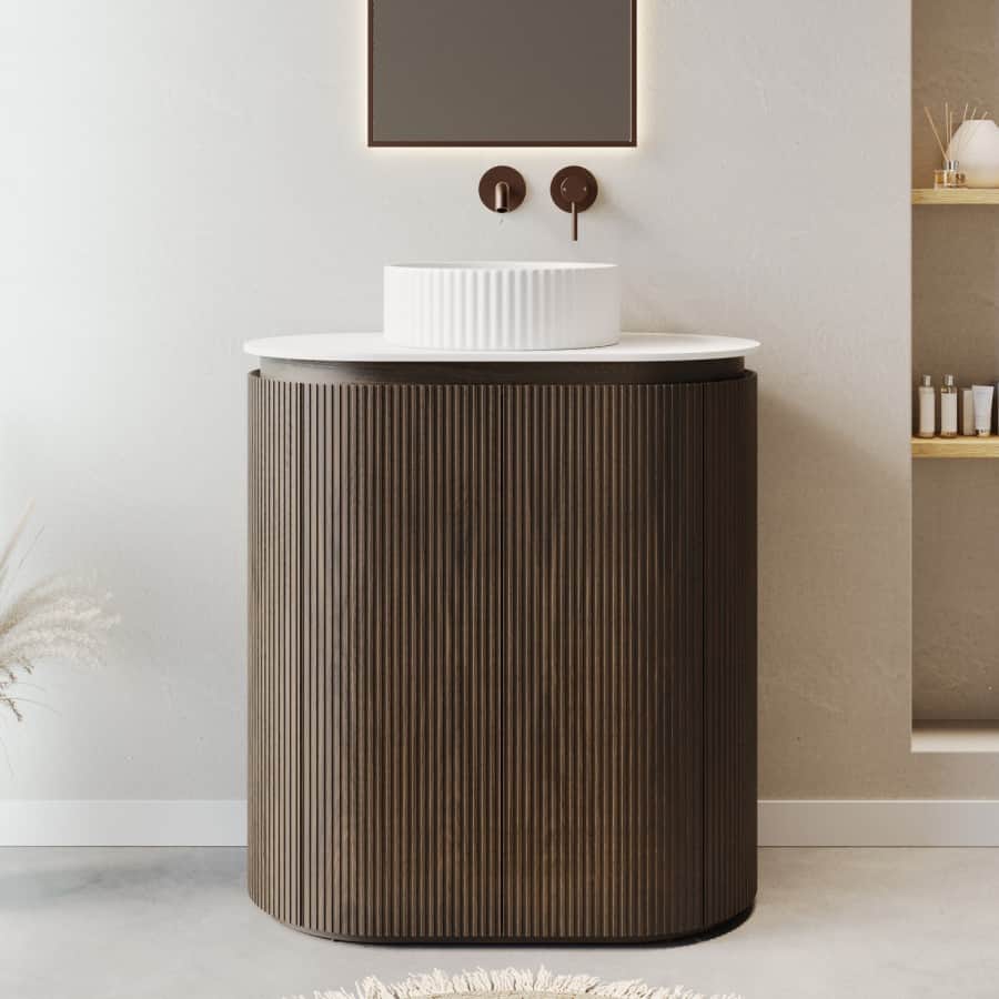 A cylindrical accent table featuring a dark brown, vertically fluted body and a smooth, contrasting… — 3D model