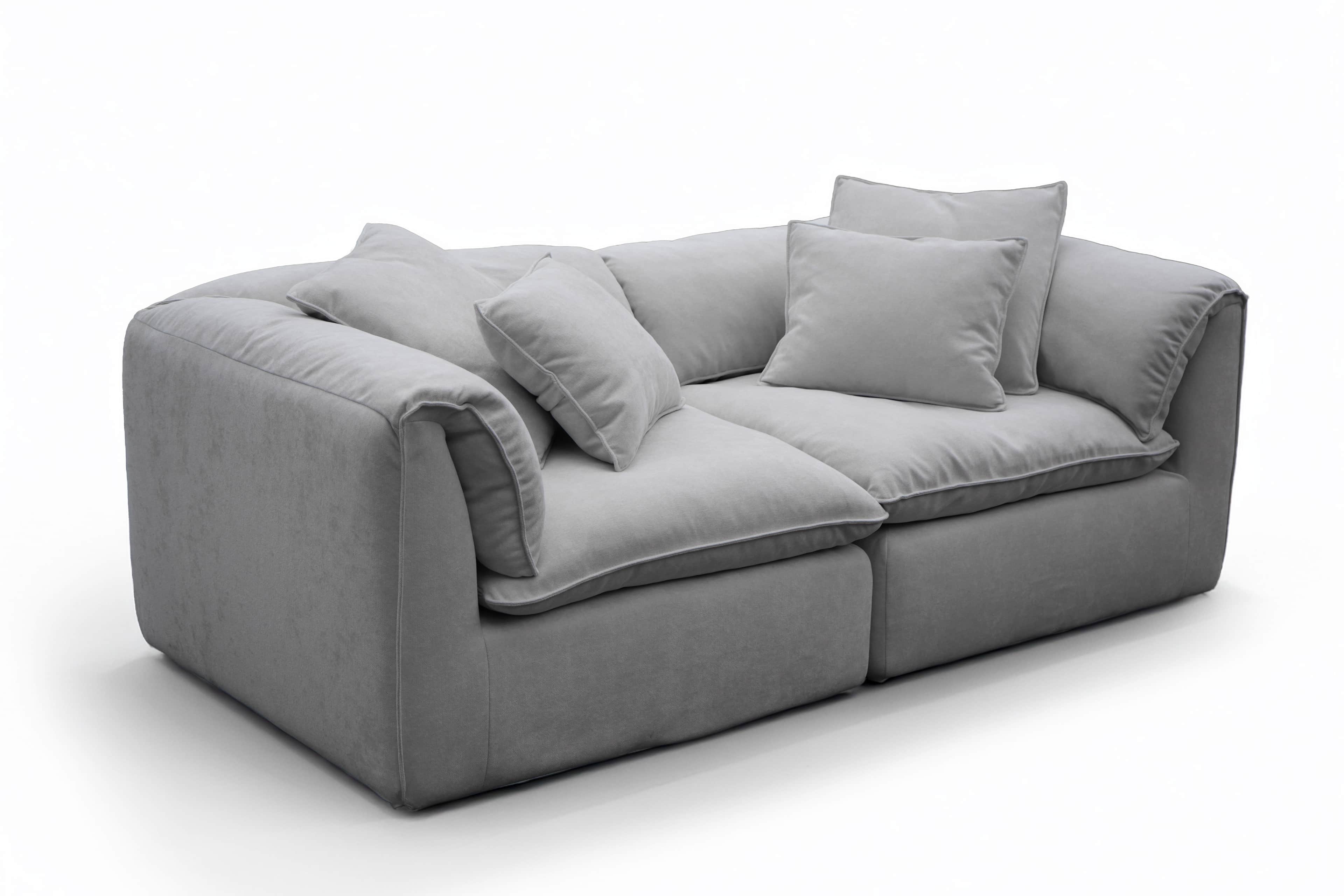 A contemporary, light gray two-seater sofa featuring a plush and inviting design. It consists of two… — 3D model