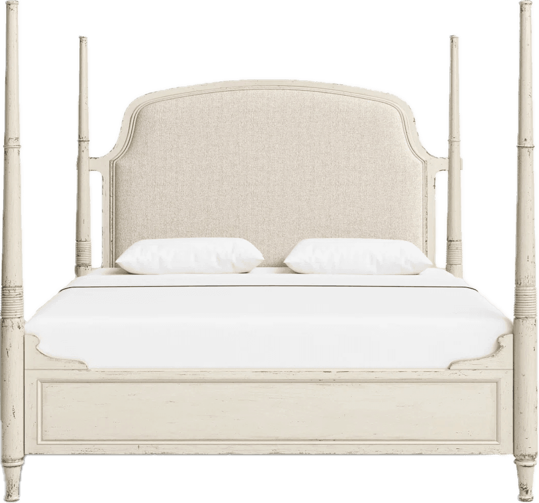 A cream-colored four-poster bed featuring an upholstered headboard and a distressed finish. The bed… — free BLEND 3D model