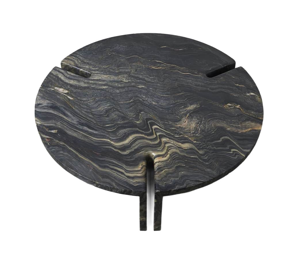 A circular side table crafted entirely from a richly veined dark stone, featuring intricate patterns… — 3D model
