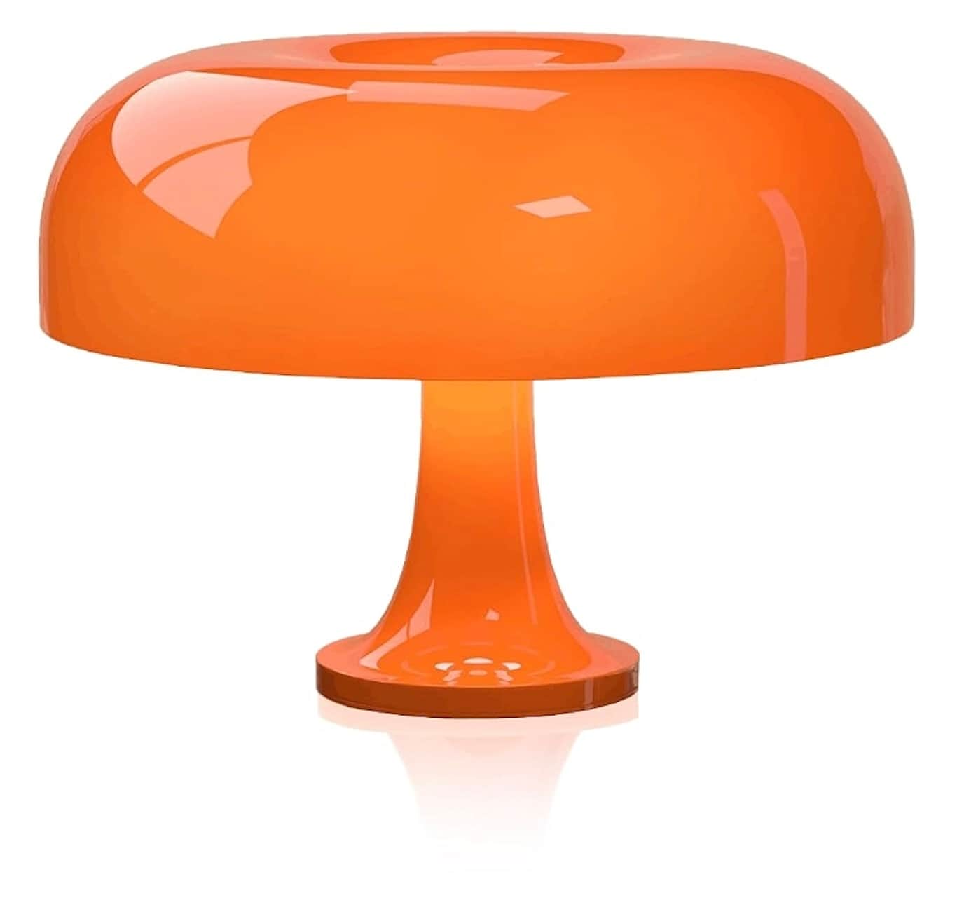 An orange, translucent table lamp featuring a distinctive mushroom-shaped shade and a flared stem ba… — 3D model