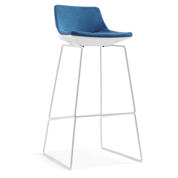 A modern bar stool featuring a sculpted blue upholstered seat and backrest, supported by a white min… — 3D model