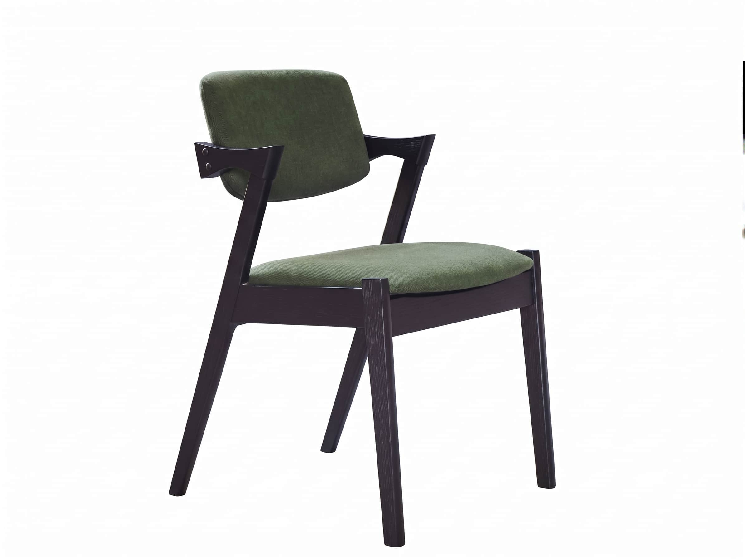 A contemporary upholstered dining armchair featuring a dark brown wooden frame and green fabric upho… — 3D model