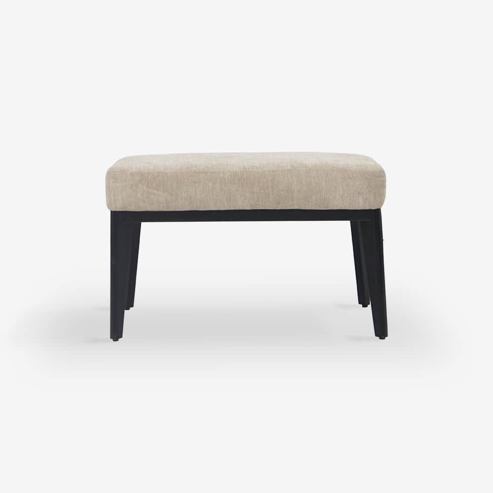 A modern rectangular upholstered bench featuring a light beige fabric cushion atop a dark, likely wo… — 3D model