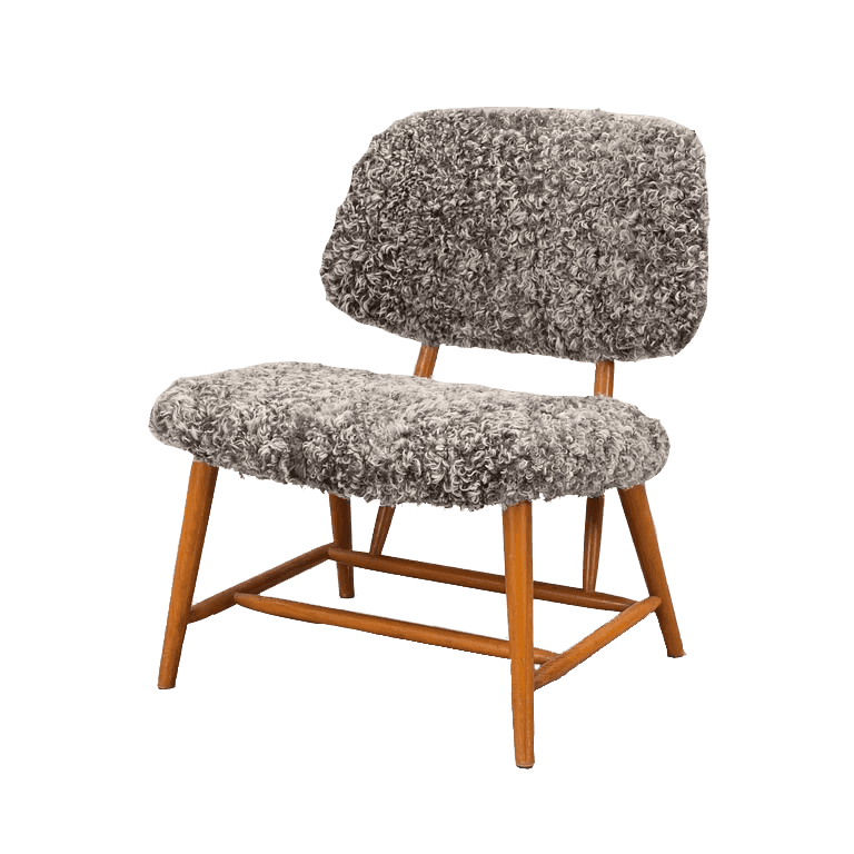 A low-profile lounge chair featuring a distinctive curly textured gray upholstery on both its seat a… — 3D model