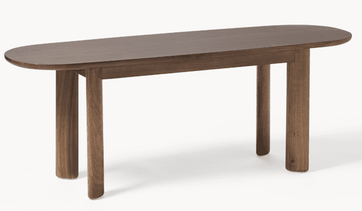 A minimalist wooden bench featuring an oval-shaped top and four sturdy, cylindrical legs, all crafte… — 3D model