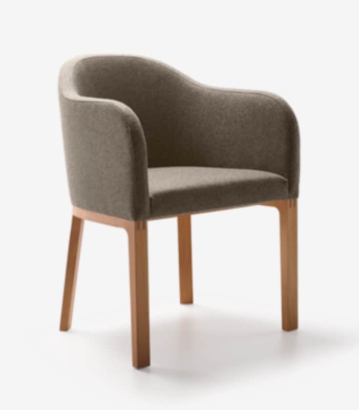 A modern armchair with a curved, upholstered back and seat, supported by four wooden legs. The uphol… — 3D model
