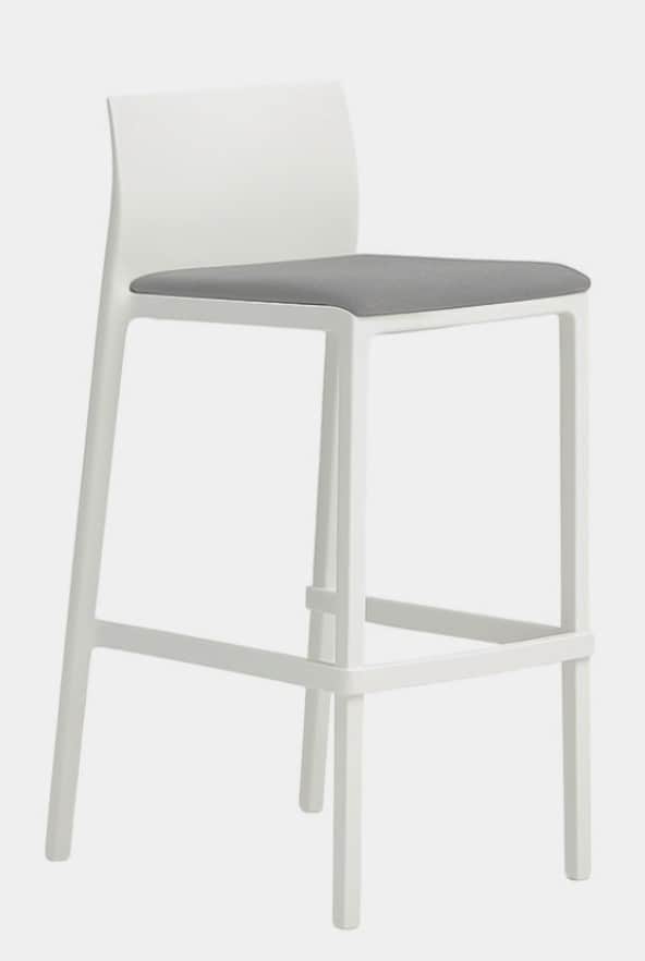 A modern bar stool featuring a white frame with a subtly curved backrest and a gray upholstered seat… — 3D model