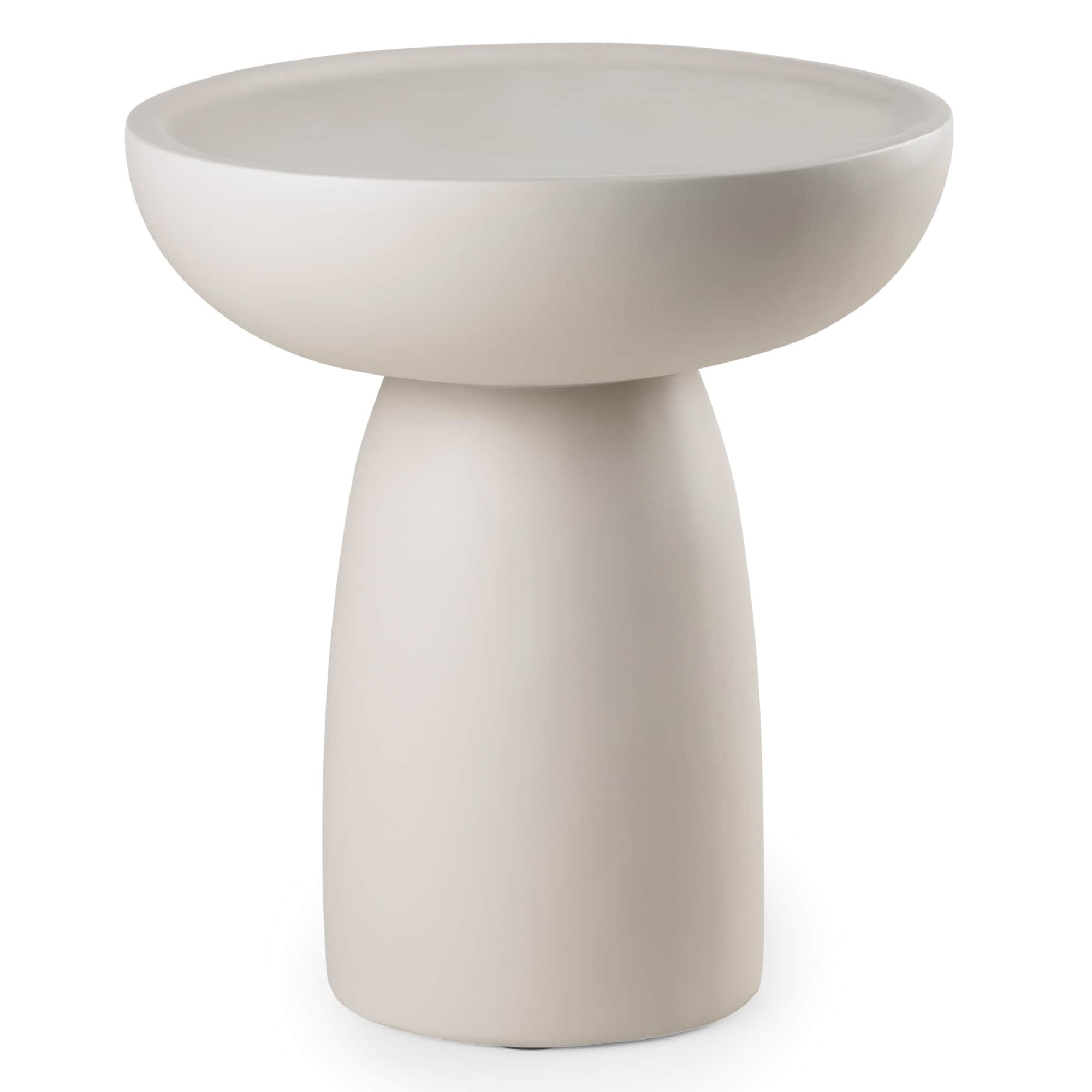 A light-colored, modern pedestal table featuring a solid, cylindrical base and a distinct concave, b… — 3D model