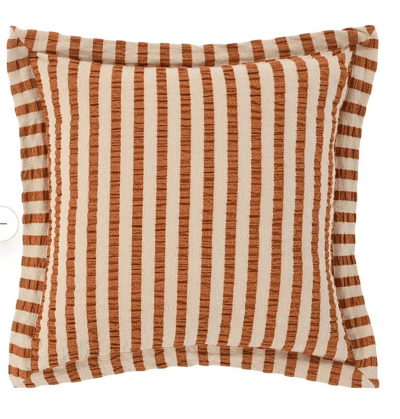 A square decorative throw pillow featuring a prominent vertical striped pattern in alternating shade… — 3D model