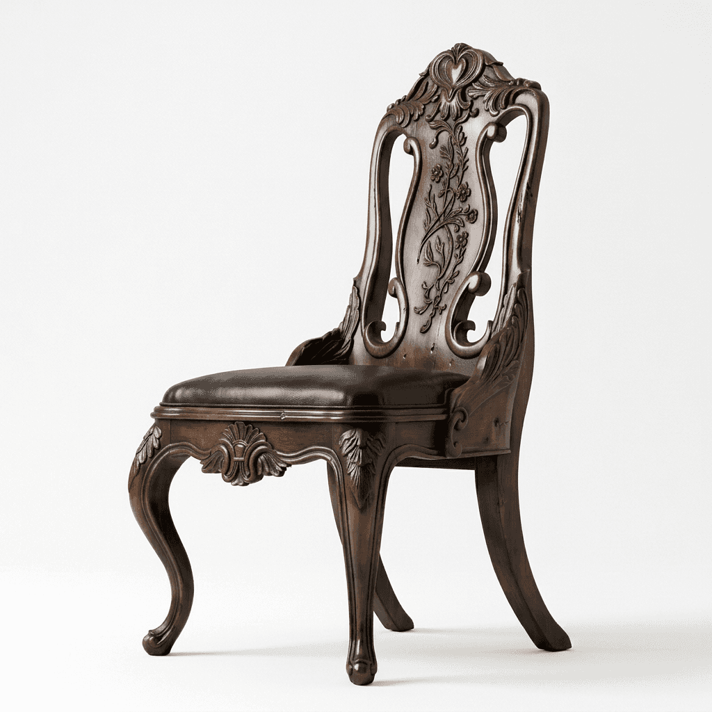 An elaborately carved wooden side chair featuring dark, rich wood and a padded black upholstered sea… — 3D model