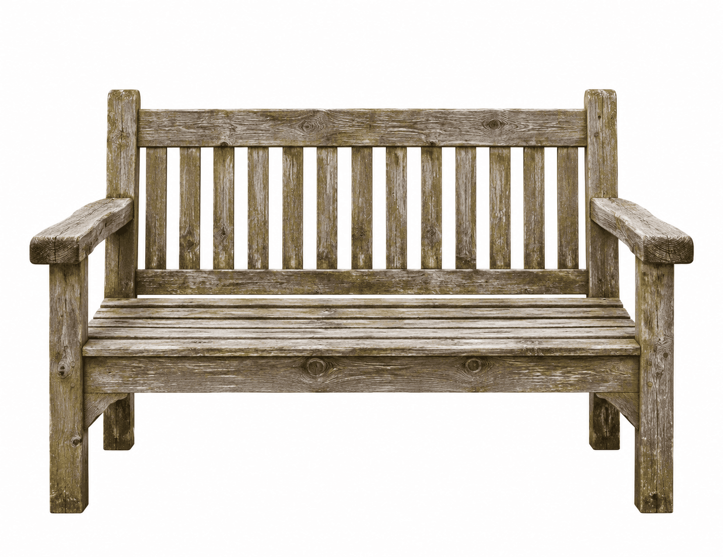 A robust outdoor bench constructed from thick, weathered wooden planks. It features a slatted seat a… — 3D model