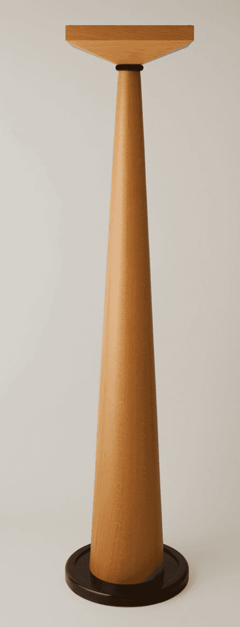 A tall, slender pedestal stand featuring a conical wooden body, a flat square top, and a dark circul… — 3D model