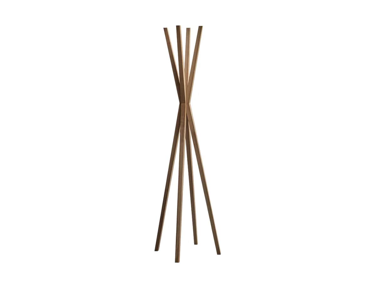 A modern, free-standing coat rack with a sculptural design. It features multiple slender wooden pole… — 3D model