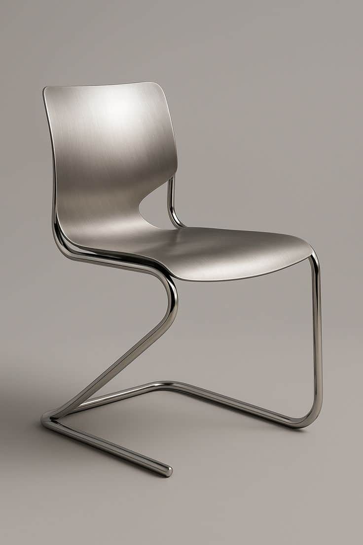 A modern cantilever chair featuring a seat and backrest made from brushed metal, supported by a poli… — 3D model