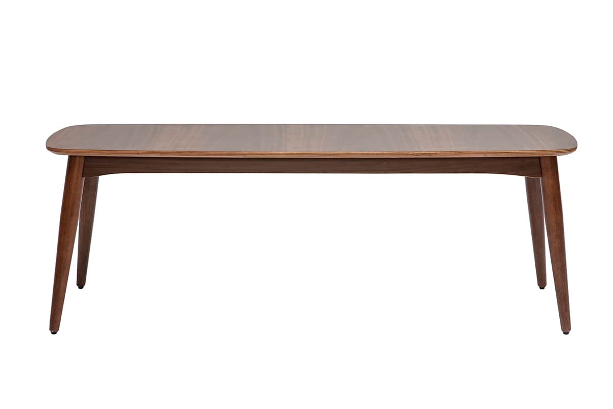 A rectangular coffee table with rounded corners and four tapered legs. The tabletop has a wood grain… — 3D model