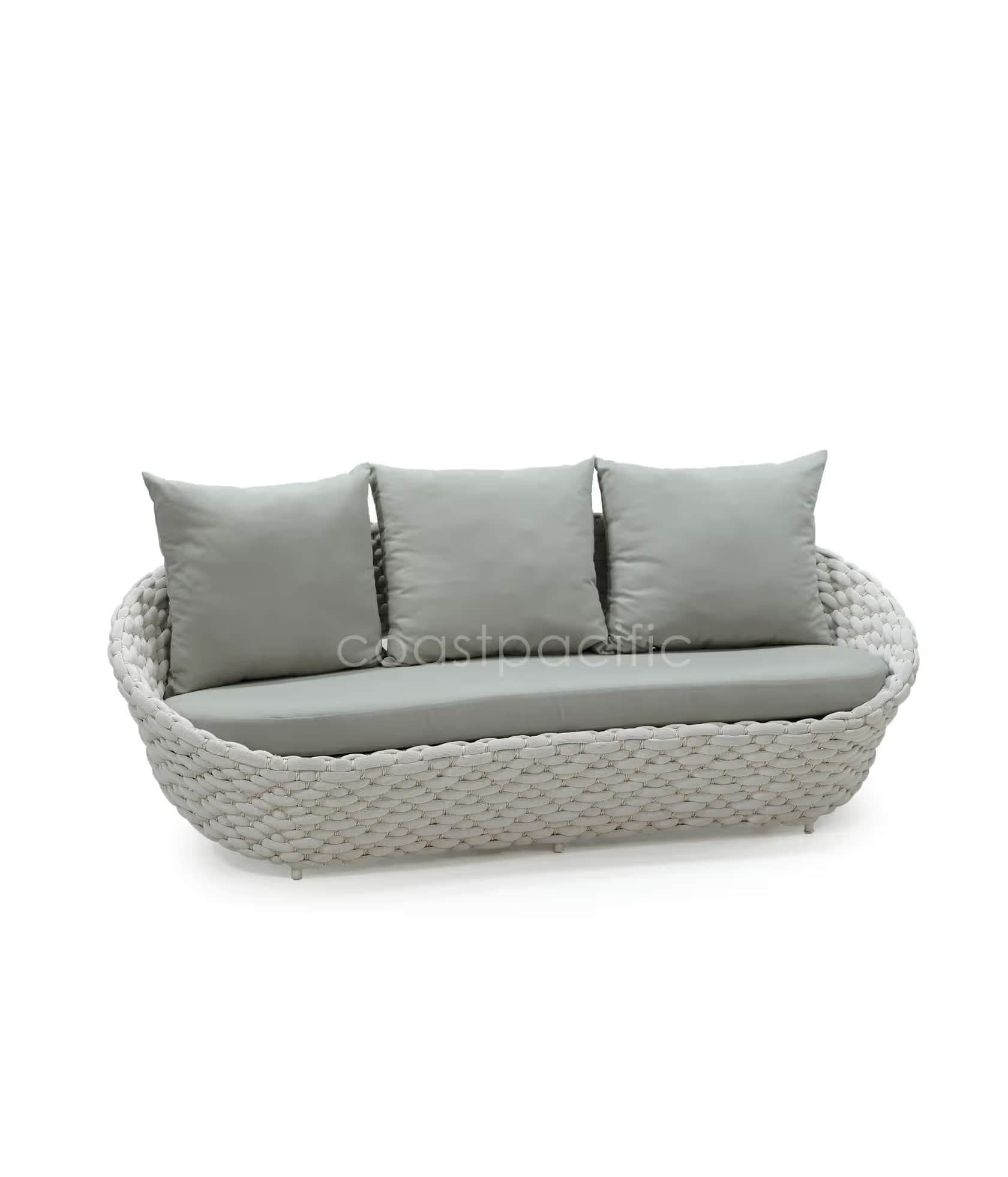 A light grey woven outdoor loveseat featuring a curved, oval-shaped body and upholstered with matchi… — 3D model