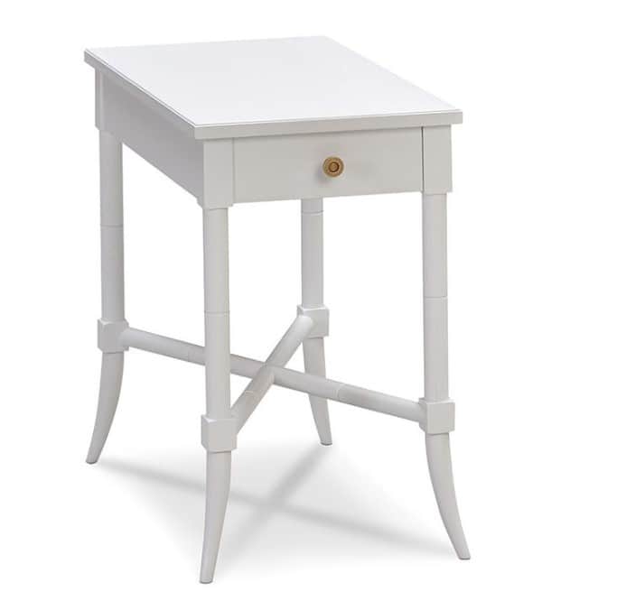 A tall, narrow white end table with a single drawer and decorative cross bracing between the legs. T… — 3D model