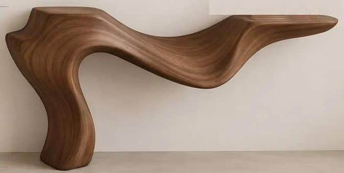 A modern, sculptural chaise lounge made from a single piece of wood, featuring a highly ergonomic an… — 3D model