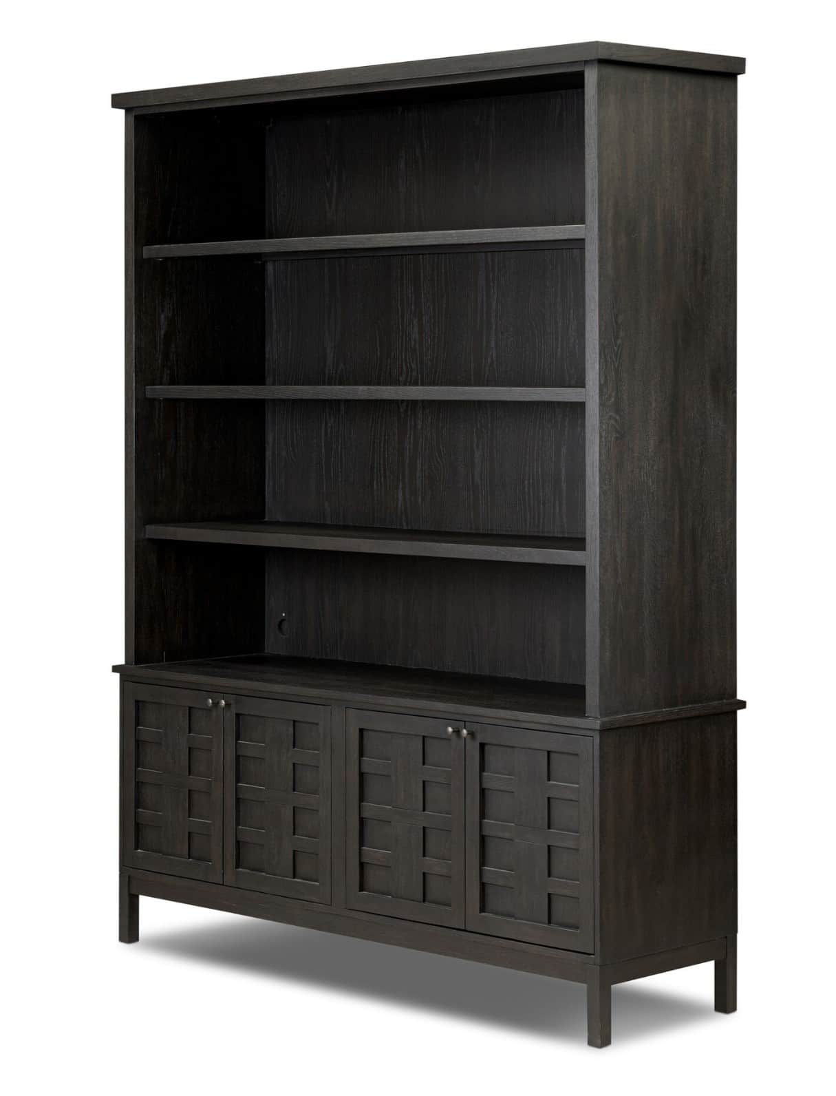 A tall, dark wooden bookcase with an open shelving unit above a cabinet base. The cabinet features f… — 3D model